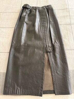 Genuine Leather Front-Slit Midi Skirt - Black